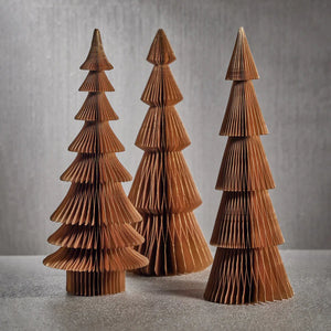 Introducing the ZODAX WISH PAPER DEATIVE TREE - ALPINA 24IN, a brown accordion-style paper decoration crafted as a Christmas tree with layered, tiered sections, measuring 10 inches by 24 inches, elegantly displayed against a plain white background.