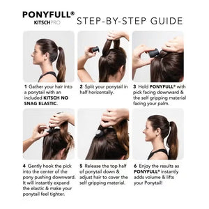 A product box labeled "PONYFULL Kitsch," featuring a ponytail styling tool and three white elastic bands. The box includes images that demonstrate how the tool adds volume and lifts a ponytail for a fuller, more voluminous look.