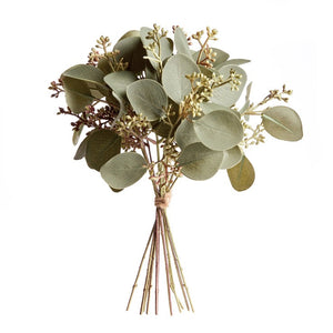 The SILVER DOLLAR EUCALYPTUS CUTTINGS from NAPA HOME AND GARDEN showcase a close-up view of realistic silver dollar eucalyptus leaves and small white buds. The round, silvery-green leaves contrast beautifully with the delicate white buds and slender reddish stems, creating a fresh and natural aesthetic that elevates your living space against a white background.