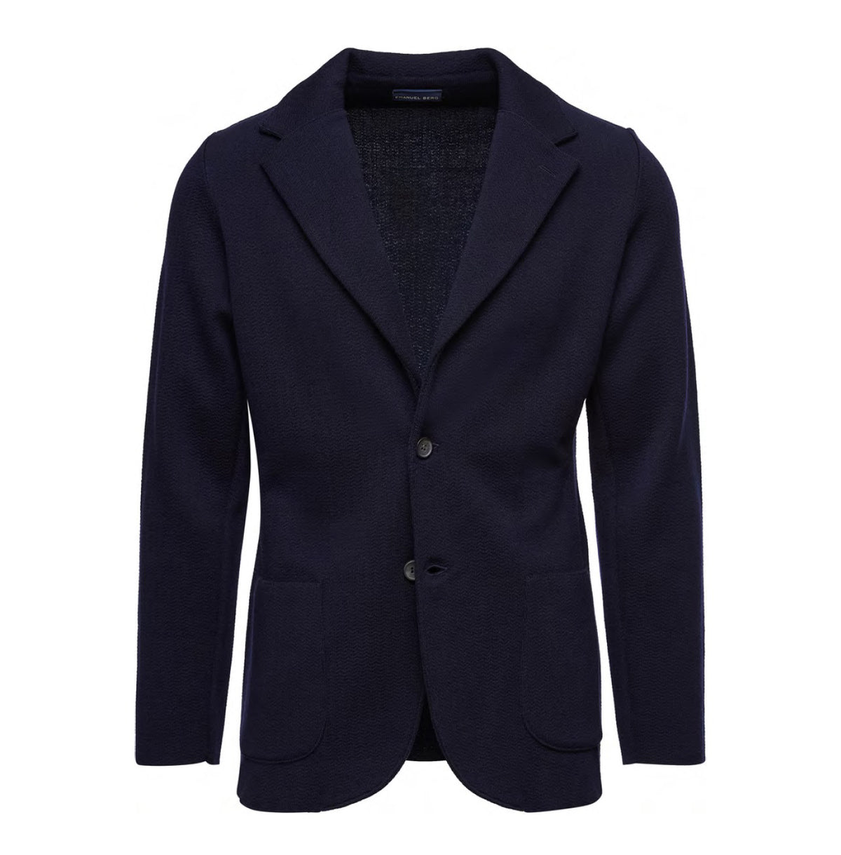 The EMANUEL BERG - PREMIUM STRUCTURED MERINO WOOL SWACKET is a navy blue smart-casual blazer with long sleeves, two front buttons, notched lapels, and two front pockets, crafted from extrafine merino wool.