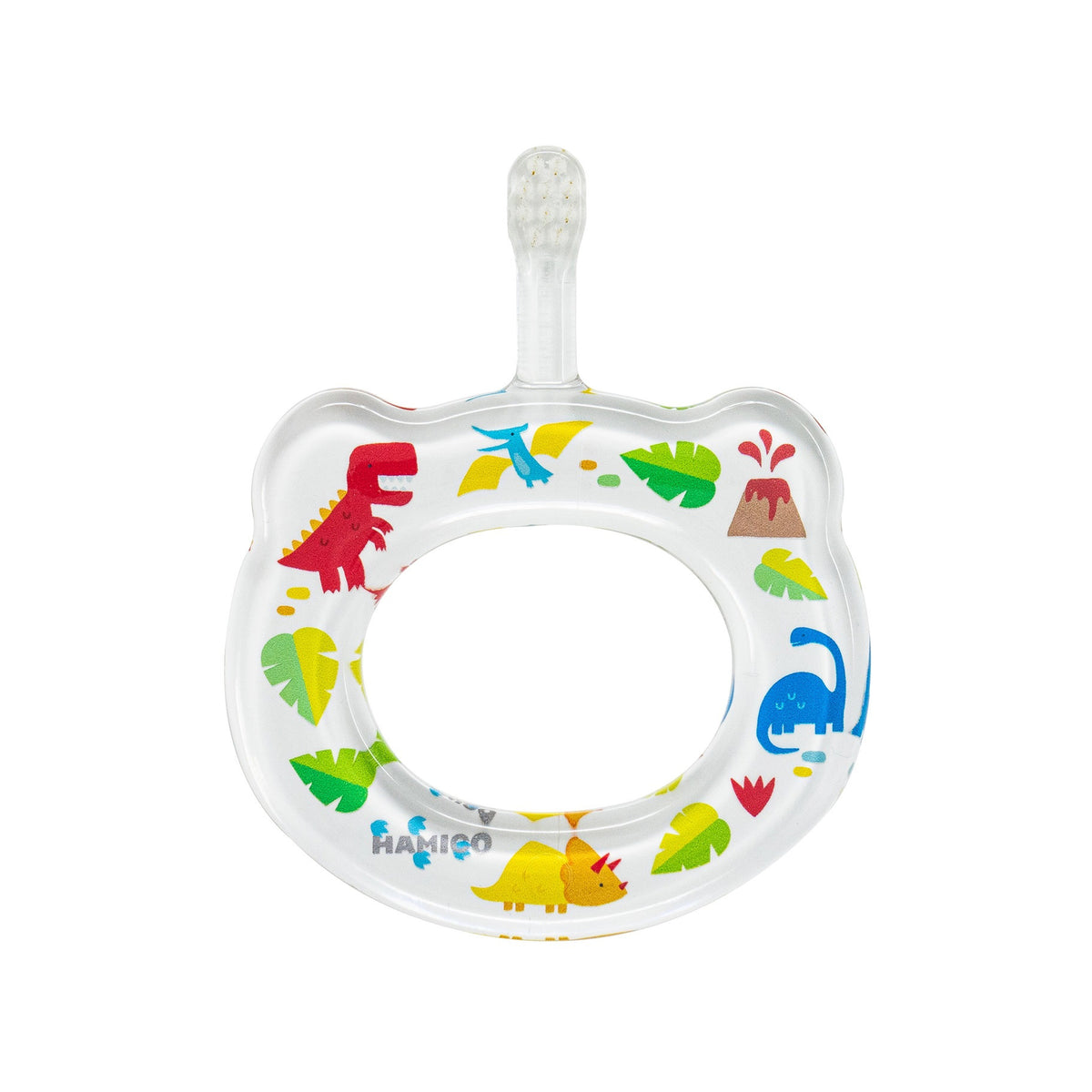 The HAMICO - BABY TOOTHBRUSH DINOSAURS by HAMICO/INNOVATIVE TOOTHBRUSH is a baby teether shaped like a bear&#39;s face with a round hole in the center and an ergonomic handle resembling a toothbrush at the top. Designed for preventative oral care, the teether features colorful dinosaur and leaf patterns on a white background.