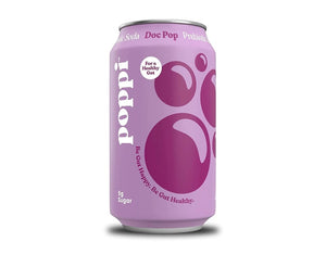 A can of POPPI - DOC POP prebiotic soda is shown. The design features a purple background with abstract bubbles. Infused with apple cider vinegar, this healthy soda promotes digestive health. The text reads, "Poppi," "For a Healthy Gut," and "Be Gut Happy. Be Gut Healthy." The can contains 5g of sugar.