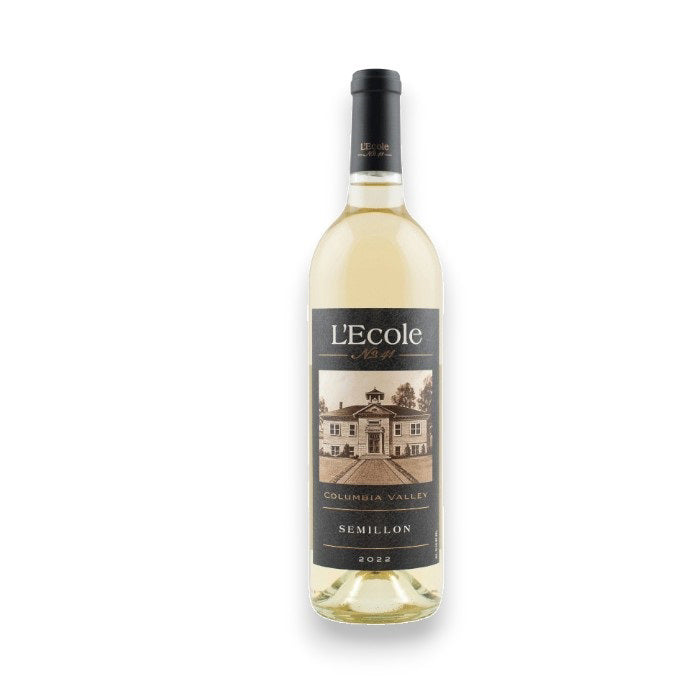 A bottle of L&#39;Ecole No 41 Semillon 2022, hailing from Columbia Valley, catches the eye with an illustrated building label and bold branding. Promising honeysuckle and melon notes, it stands elegantly against a plain white background under the Wine: Winebow brand.