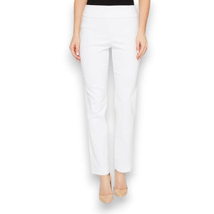 A person is wearing KRAZY LARRY, INC's PULL ON ANKLE PANT in a slim fit beige straight-leg style and black high-heeled shoes against a white background. The outfit is completed with a sleeveless black top that reveals part of the arms and torso.