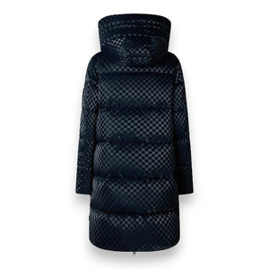 The SAVE THE DUCK - AMARANTA PUFFER COAT by SAVE THE DUCK is a long, black puffer coat with a high collar and hood. It features an eye-catching checkered motif and is crafted from recycled polyester fabric with a glossy finish. The coat includes a full front zipper, two vertical side pockets, and black drawstring ties on the hood.