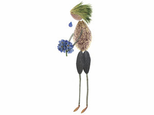 The PETAL PEOPLE PRESS - WITH SYMPATHY CARD by PETAL PEOPLE PRESS features a whimsical figure crafted from leaves and seeds, resembling a person holding a bouquet of Forget-Me-Not blue flowers. The head is fashioned from a green leaf, the body from a textured seed, and the legs and feet are thin twigs, making it perfect for adding delicate beauty to any sympathy card.