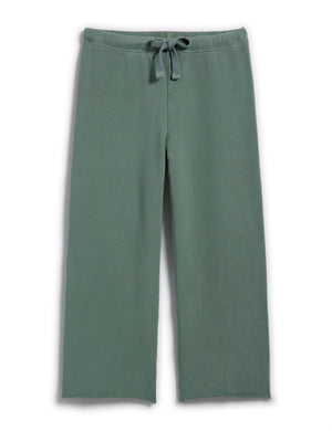 The FRANK & EILEEN CATHERINE FAVORITE SWEATPANT in rosemary features wide legs, an elastic waistband with a drawstring tie, and is made of cozy triple fleece fabric. Displayed on a white background.