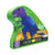 A vibrant dinosaur puzzle box shaped like a green dinosaur showcases a roaring blue and purple Tyrannosaurus. The box features labels reading "ROAR" and "Dinosaur Puzzle," contains 40 chunky puzzle pieces, and is branded by Floss & Rock.