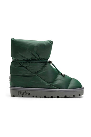 The METALLIC PILLOW BOOT by FLUFIE is a black, high-top winter boot with a padded, quilted design. It features a side zipper and a ridged sole, with the brand name "FLUFIE" embossed on the side of the sole. Insulated with goose down and boasting an anatomic insole, this boot is perfect for cold weather.