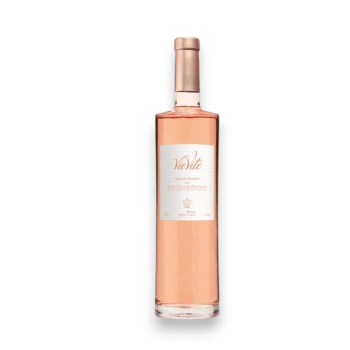 The tall, slender bottle of SAINTE MARIE &#39;VIE VITE&#39; ROSÉ 2023 by WINE: 3 KEYS features a light pink hue and an elegant cream-colored label. Its metallic cap hints at ripe tropical fruit notes, all set against a pristine white backdrop.