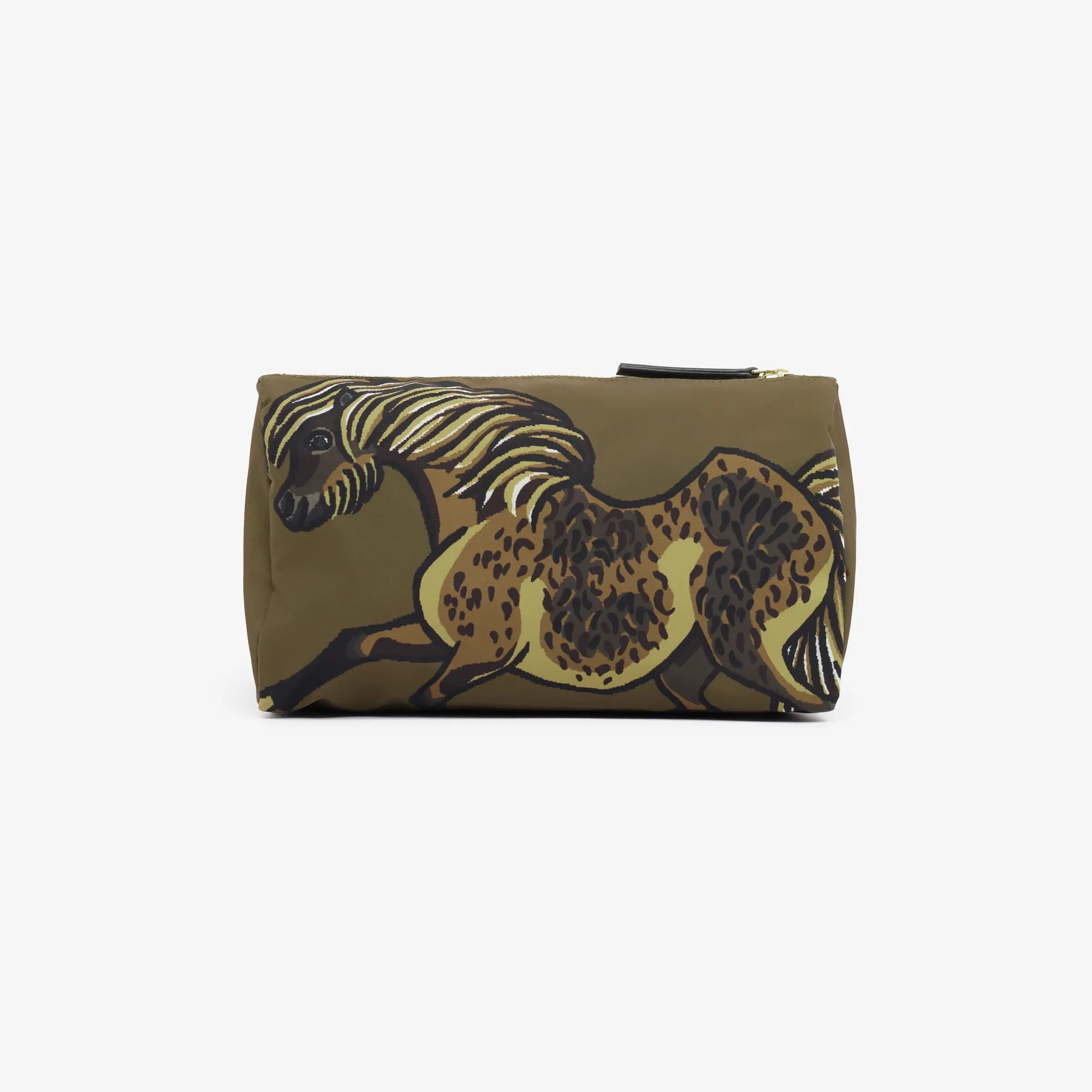 The INOUI EDITIONS - SMALL WESTERN COSMETIC BAG by INOUI is a rectangular, olive-green pouch crafted from eco-friendly recycled polyester. It features a stylized illustration of a horse in shades of blue, black, and grey, adorned with an ornate flowing mane and decorative patterns on its body. The pouch has a zipper closure on top.