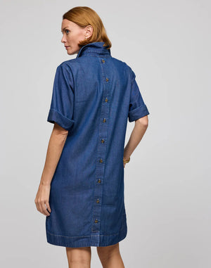 A woman with long dark hair, facing away, wears the HINSON WU - AILEEN Short Sleeve Denim Dress in light blue tencel, featuring a button-down back. She stands against a plain gray background.