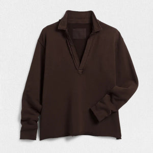 A long-sleeved FRANK & EILEEN, dark brown PATRICK TRIPLE FLEECE POPOVER HENLEY, featuring a V-neck collar, laid flat against a light textured background. The pullover boasts a casual, relaxed design.