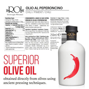 A sleek white bottle with a black cap, adorned with a stylized red chili pepper illustration on the front. The brand name "MERCATO DI BELLINA" is displayed in gold letters on the neck, perfectly representing the premium Italian chili pepper infused olive oil contained within.