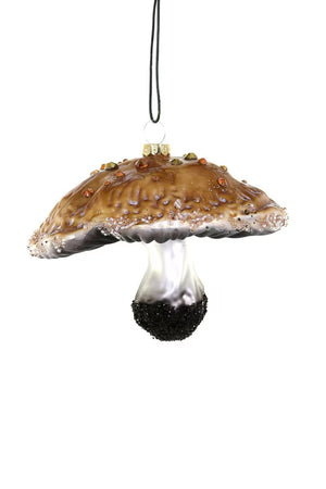 The FORAGED MUSHROOM ORNAMENT by CODY FOSTER features a beautiful glass design, mimicking the natural form of a mushroom with a richly textured brown cap and a sleek glossy black stem. It hangs from a thin black cord against a plain white background, with its delicate dimensions enhancing its enchanting charm.