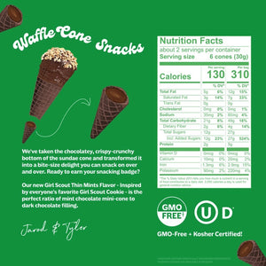 Image of a MUDDY BITES- THIN MINT WAFFLE CONES product package. The green package emphasizes the Girl Scout Thin Mints flavor, featuring mini waffle cones filled with mint chocolate and dark chocolate. It also showcases nutrition facts, GMO-Free and Kosher certifications, and resealable packaging for freshness. Founders: Jared and Tyler.