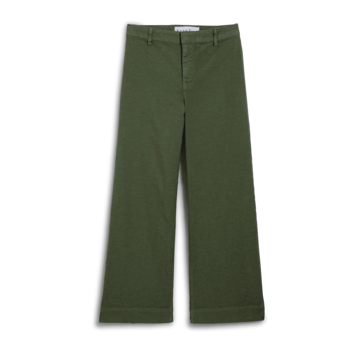 The FRANK &amp; EILEEN Wexford Wide Leg Linen Pant in Hunter Green features Italian Performance Linen, belt loops, and a button closure, shown on a white background.