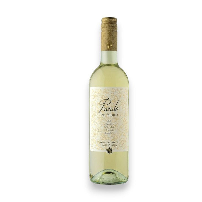 The WILHELM WALCH &#39;PRENDO&#39; Pinot Grigio 2023 by KELLOGG SELECTIONS features a light-colored label with decorative patterns, a yellowish hue, and a golden screw cap. It offers notes of mature yellow fruits and a zesty finish against a plain white background.