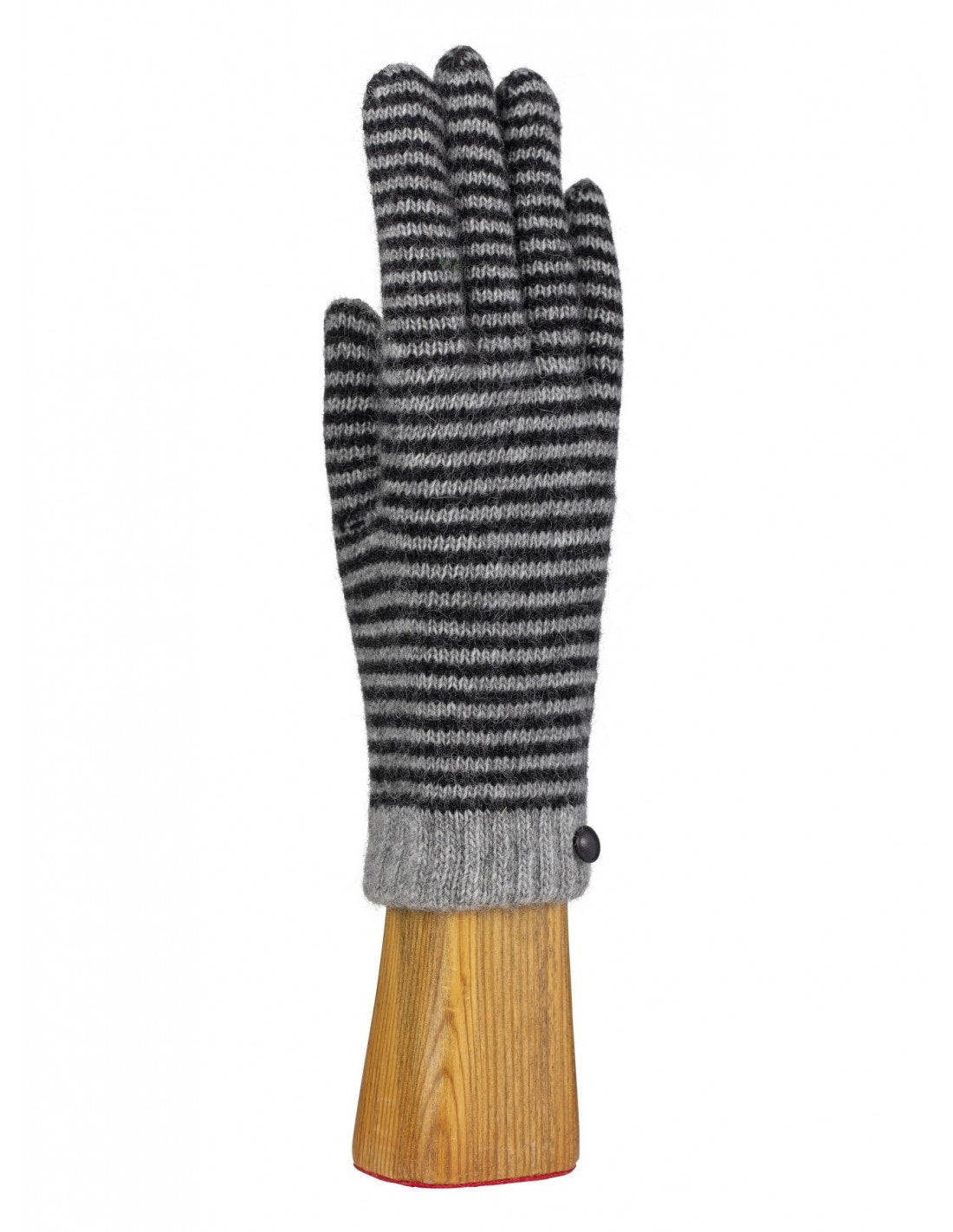 The WOOL AND ANGORA KNITTED GLOVES by SANTACANA MADRID WORLD GLOVE COMPANY, featuring horizontal blue and gray stripes and a small button detail near the wrist, are displayed on a wooden hand model. These gloves offer mobile phone compatibility with their angora-like design.