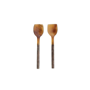 Two NATURAL HORN SPOON WITH WOOD HANDLE SERVING SPOONS by CREATIVE COOP, featuring light brown, smooth heads and darker textured wood handles, are placed vertically side by side against a white background.