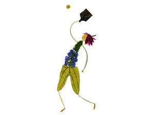 The PICKLEBALL GREETING CARD by PETAL PEOPLE PRESS features a whimsical piece of botanical art depicting a figure joyfully tossing an object resembling a hat. Crafted from pressed flowers, leaves, and plant parts, the design is set against a white backdrop with scattered office supplies and greenery adding to its enchanting appeal.