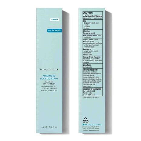 Packaging of SKIN CEUTICALS - ADVANCED SCAR CONTROL. The blue-green box emphasizes the product's capabilities in both smoothing existing scars and preventing new ones. It features a panel that lists drug facts, including active ingredients, usage warnings, and directions for use.