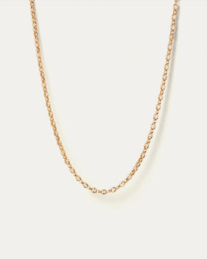 The JENNYBIRD dhani chain necklace is a delicate 14K gold-plated piece with interlinked circular links. It rests against a light neutral background, showcasing its elegant design and durable stainless steel construction.