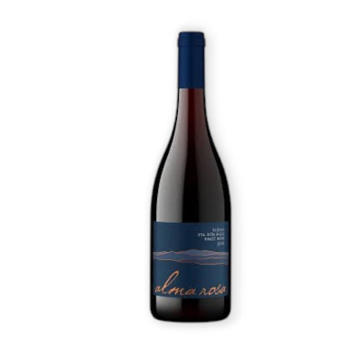 The ALMA ROSA &#39;Rancho La Vina&#39; Pinot Noir 2019 from Wine: Orsini features a dark blue label, navy cap, and &quot;alma rosa&quot; in orange script. It showcases the Sta. Rita Hills with roasted black cherry notes from a single vineyard.