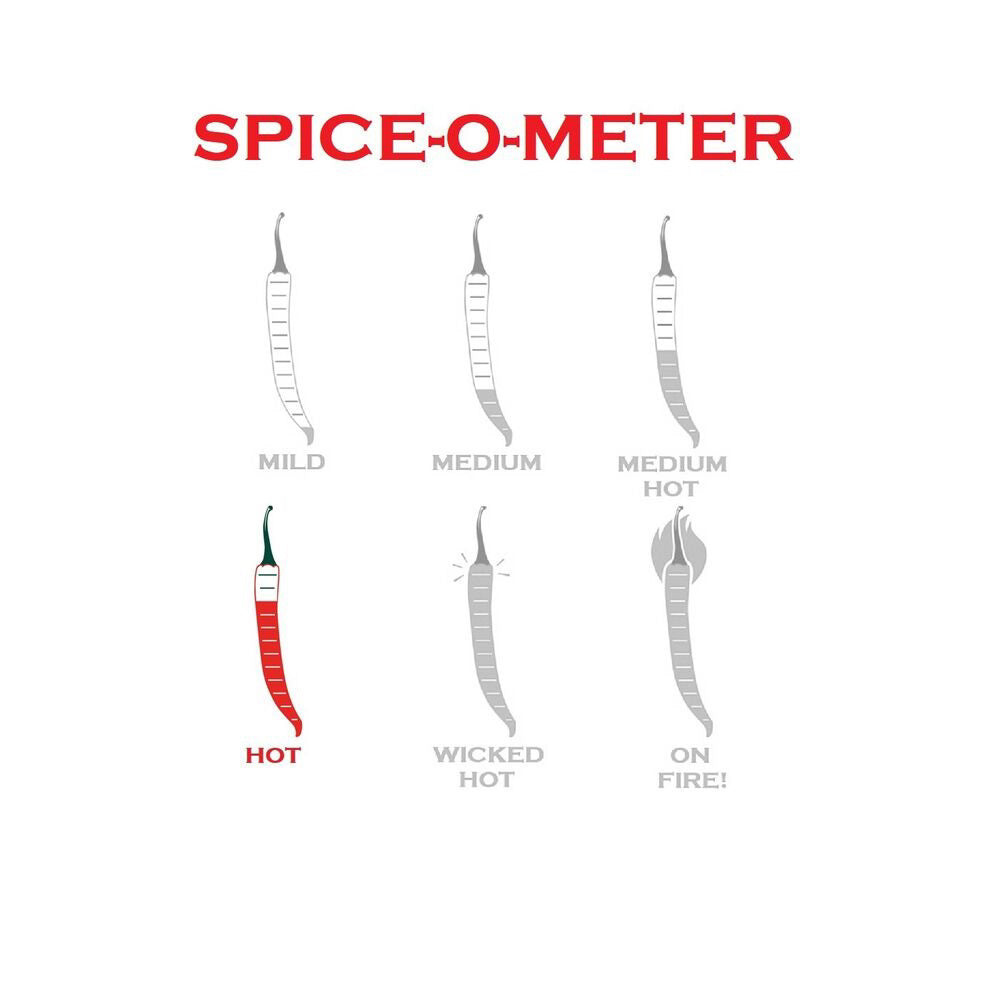 Diagram titled "SPICE-O-METER" showcasing six chili peppers ranked by spiciness: Mild, Medium, Medium Hot, Hot (ideal match with STONEWALL KITCHEN - SPICY TOMATO SALSA), Wicked Hot, and On Fire! The "Hot" level is highlighted in red.