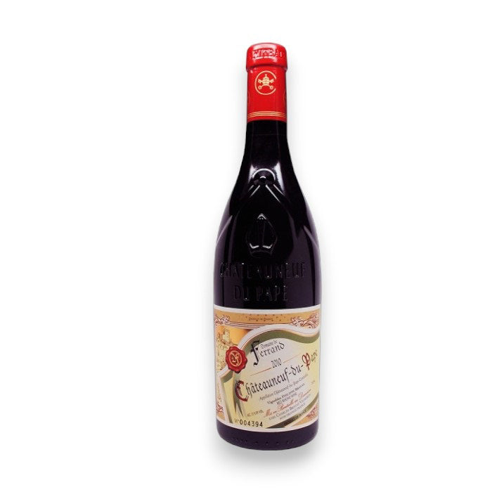 A 2022 red wine bottle labeled &quot;Domaine de Ferrand Châteauneuf-du-Pape,&quot; with a red foil capsule and decorative elements, stands elegantly against a white backdrop. Brand: Wine: Bordeaux Fine &amp; Rare/A-Vin-Garde.