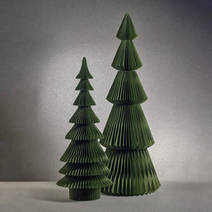 The WISH PAPER DECORATIVE TREE - ALPINA 48IN by ZODAX is a green, triangular paper sculpture resembling a pine tree, elegantly displayed on a white background. It features tiered folded sections with intricate creases and boasts dimensions of 50.8 cm x 121.92 cm (20 in x 48 in), enhancing its striking visual presence.