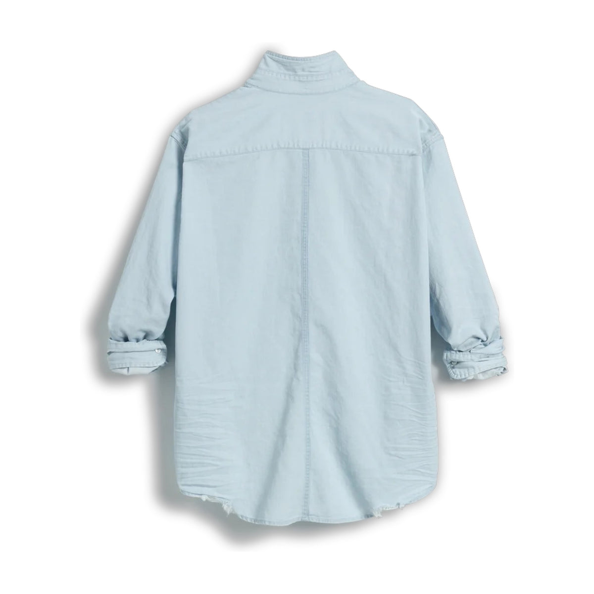 The FRANK &amp; EILEEN LUKE Men&#39;s Button Up Shirt in Famous Denim Classic Denim Tattered Wash is shown from the back, with long sleeves, buttoned cuffs, a curved hem, and an oversized relaxed fit for a casual look.