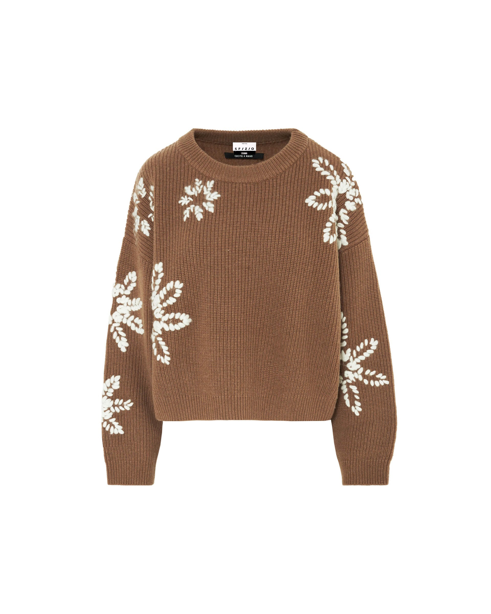 The SFIZIO - WOOL BLEND CREWNECK SWEATER WITH HAND EMBROIDERED FLOWERS by SFIZIO is a brown wool blend sweater featuring white snowflake patterns on the sleeves and chest. Crafted with an English rib knit, it has a ribbed texture and a crew neck.