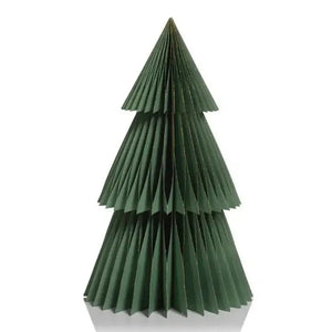 The product description showcases the "Wish Paper Tabletop Tree Green with Gold" by Zodax, resembling a Christmas tree crafted from green paper. It features multiple folded layers creating a symmetrical, geometric pattern. Ideal for holiday decor, its compact size allows it to sit gracefully on any plain white background.