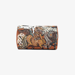 The INOUI EDITIONS - WESTERN COSMETIC BAG by INOUI is a rectangular pouch featuring an artistic design with abstract illustrations of horses in various earthy tones. Crafted from recycled polyester, it boasts a mix of white, brown, and orange shades on the background, highlighting the dynamic and detailed depictions of the horses.