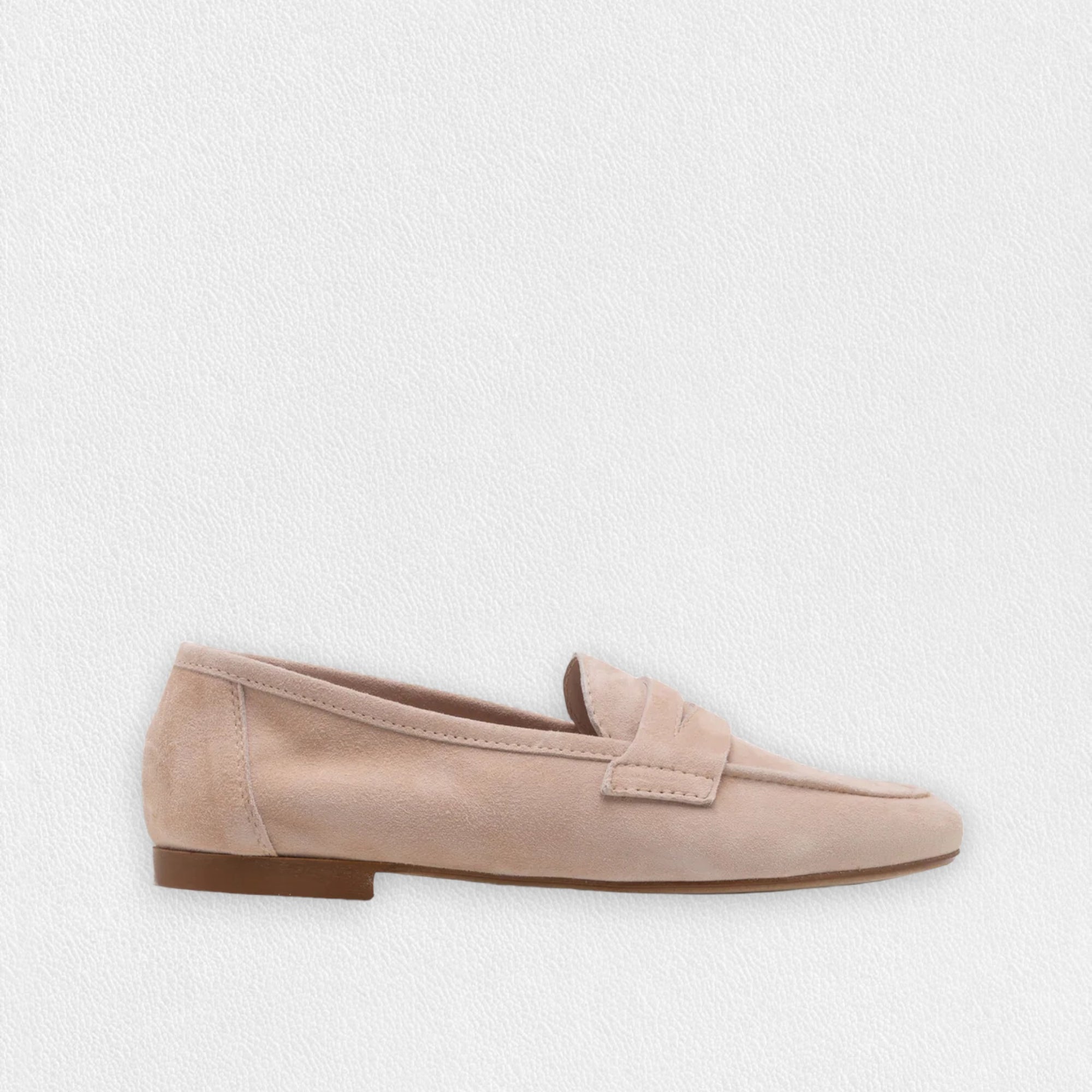 A side view showcases the MICHELE LOPRIORE - PAOLA SUEDE LOAFER in beige against a white background. This mocassin-style loafer, crafted from genuine leather, features a smooth texture with a simple design and low heel.