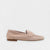 A side view showcases the MICHELE LOPRIORE - PAOLA SUEDE LOAFER in beige against a white background. This mocassin-style loafer, crafted from genuine leather, features a smooth texture with a simple design and low heel.