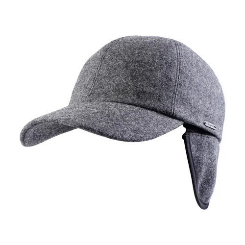 The WIGENS - CLASSIC WOOL BASEBALL CAP by WIGENS is a navy blue winter cap with quilted polyester lining and fold-down earflaps, designed to keep your ears warm and protected in cold weather.