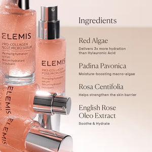 A bottle of ELEMIS - PRO-COLLAGEN ROSE MICRO SERUM by ELEMIS - STEINER, featuring a dual-phase formula, is displayed on a textured pink background. Text reads "Powerful Results" with benefits listed as: Instant hydration, in 7 days supports/strengthens the skin barrier, 14 days reduces fine lines, and 28 days reduces redness.