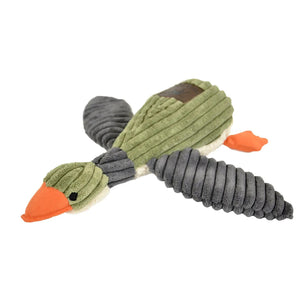 The TALL TAILS Plush Duck Squeaker Dog Toy is ideal for medium and large dogs, featuring a ribbed texture with green and gray sections, an orange beak and feet, and a body made of soft yet durable reinforced mesh fabric.