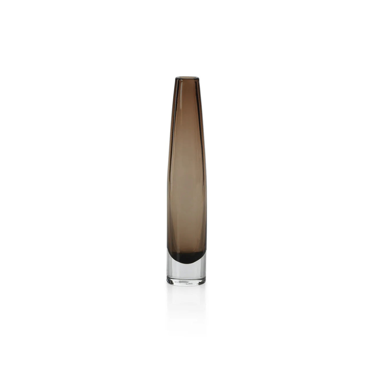 The ZODAX TATE SLIM GLASS TAUPE VASE - SHORT features a cylindrical taupe glass body with a clear base, measures 2.5&quot; x 13.5&quot;, and is displayed against a plain white background.