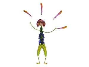 Artistic representation of a person crafted from garden botanicals on the JUGGLE GREETING CARD by PETAL PEOPLE PRESS: the head is an orchid, the body blooms with blue flowers, and green leaves form the limbs. Pink petals are scattered around the head, creating a vibrant floral display.