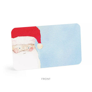 A SANTA LITTLE NOTES gift card from E.FRANCES PAPER showcasing a delightful watercolor painting of Santa Claus wearing his red hat against a light blue background. The left side of his face is featured, highlighting his white beard and rosy cheeks. The word "Front" is elegantly inscribed below the card.