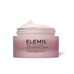 A split image showcasing three natural skincare ingredients: a pink rose, green chlorella on a wooden spoon, and a padina pavonica plant submerged in water. On the right: text explaining their skin benefits—soothing, firming, and hydrating with a rose-infused scent for ELEMIS - PRO-COLLAGEN ROSE MARINE CREAM by ELEMIS - STEINER, an anti-ageing moisturizer.