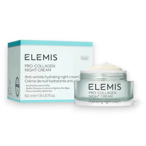 A clear, open jar of ELEMIS Pro-Collagen Night Cream 50ml from ELEMIS - STEINER, filled with white cream, rests on a puddle of spilled cream. The jar showcases a white label with the product name in black text. Perfect for achieving a radiant complexion, this night cream supports your anti-aging skincare routine. The background is white.