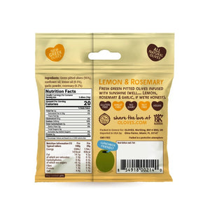 A sealed beige snack pack of POSHI brand, labeled "OLOVES - LEMON & ROSEMARY." The pack features an illustration of green olives. Text on the pack highlights it as a "Low Calorie Snack" and mentions 50 million packs sold. Pack size is 30g (1.1 oz).