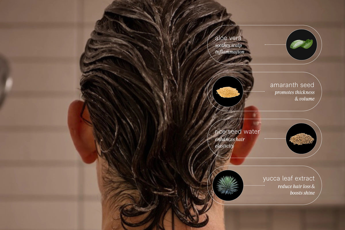 A person with wet, dark hair seen from behind has JACK HENRY - CONDITIONER applied. Aloe vera, amaranth seed, rice seed water, and yucca leaf extract in white text highlight JACK HENRY&#39;s plant-based strengthening emollients.