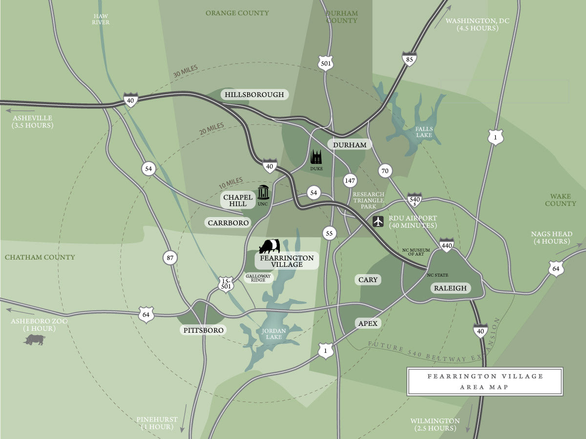 Map showing Fearrington Village in central North Carolina, near Chapel Hill, Durham, and Raleigh, with highways, travel times, and surrounding areas including Pittsboro, Apex, and key landmarks marked.