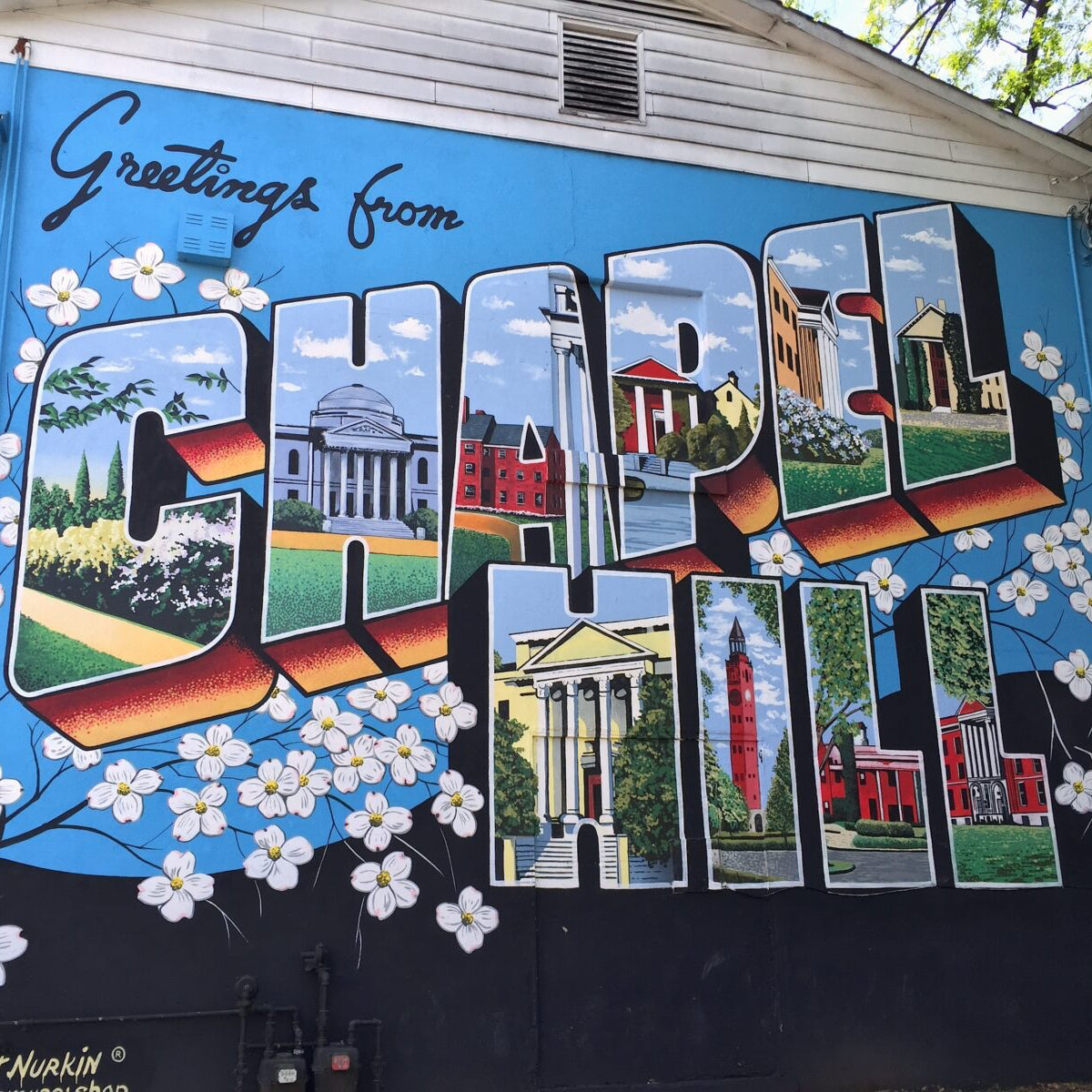 A mural reads "Greetings from Chapel Hill" with each letter depicting local landmarks and buildings, surrounded by blooming dogwood flowers, painted on the side of a building.
