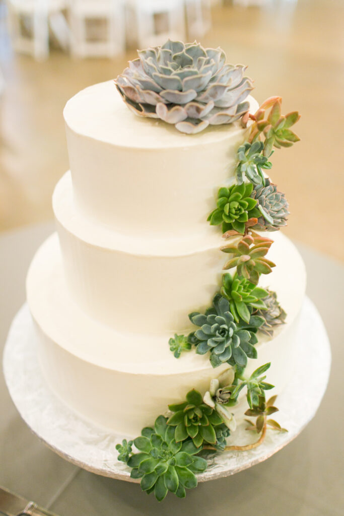 A three-tiered white cake decorated with green and purple succulents cascading from the top tier to the base, displayed on a round silver cake board.
